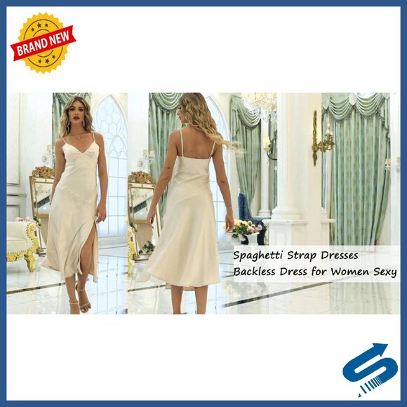 Satin V-Neck Midi Dress with Spaghetti Straps & Backless Design - Picture 7 of 7